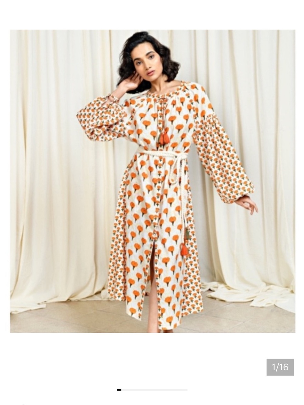 AISH India Cotton Block Print Dress M Boho Tassel Tie Belt Floral Cottagecore